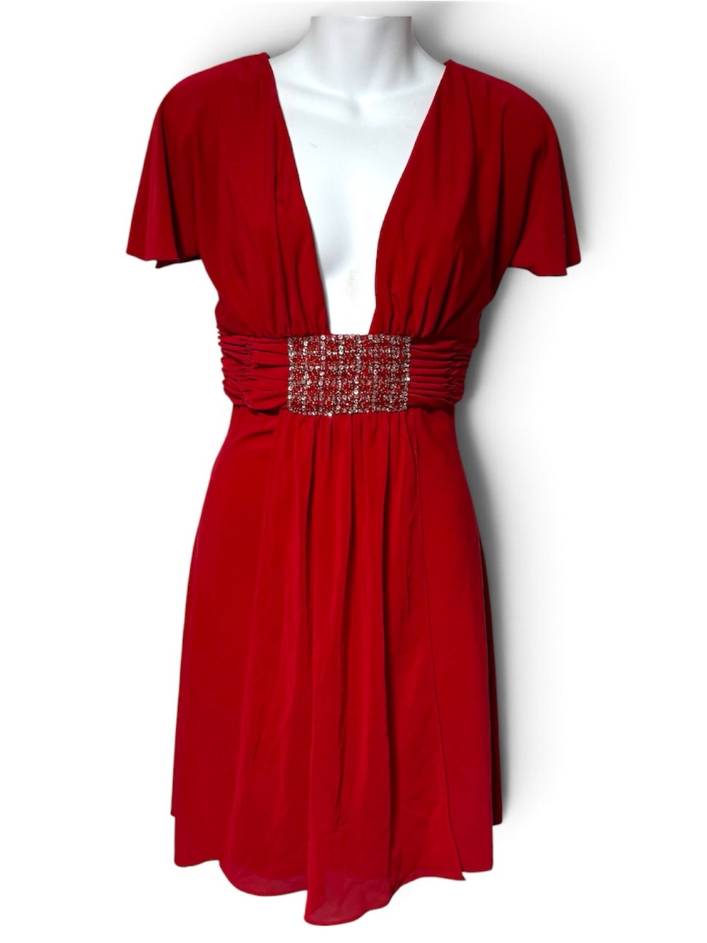 Fredericks Of Hollywood Red Plunge Mini Dress L Hand Beaded Sheer Sash Y2K NWT